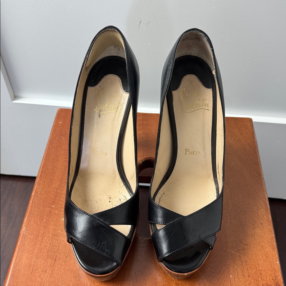 Christian Louboutin Black Leather Peep Toe Pumps